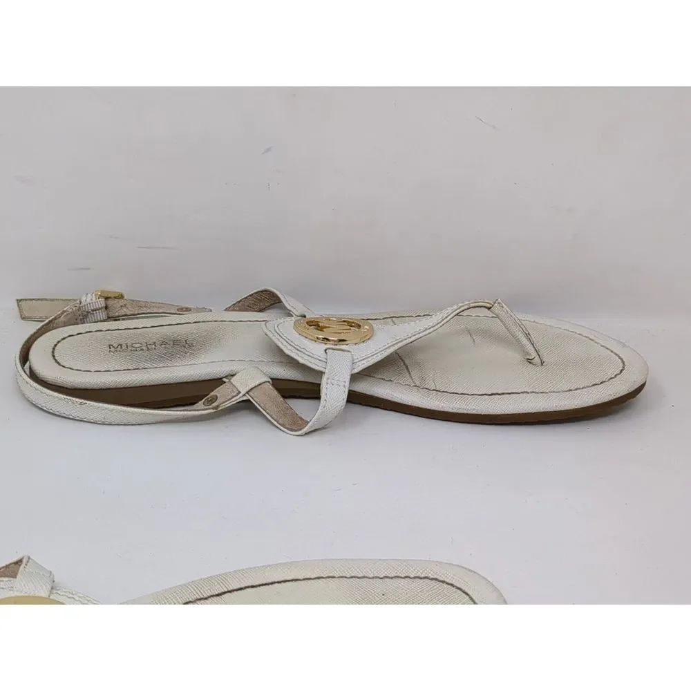 Michael‎ Kors Thong Sandals Leather Flat Big MK Logo Leather White Women's 7.5 M